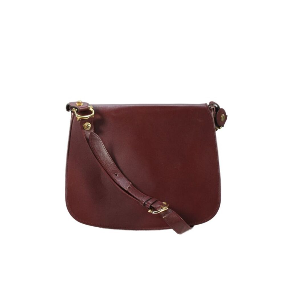 Cartier Womens Leather Flap Double C Logo Shoulder Bag Handbag Dark Red